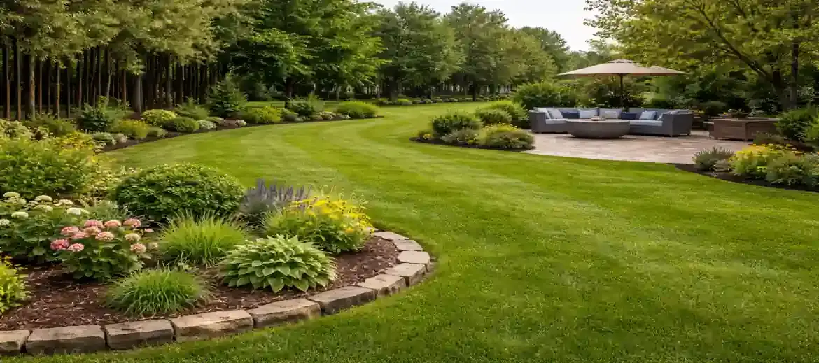 After landscaping Georgetown TX backyard with new lawn, garden beds, hardscape patio and landscape design