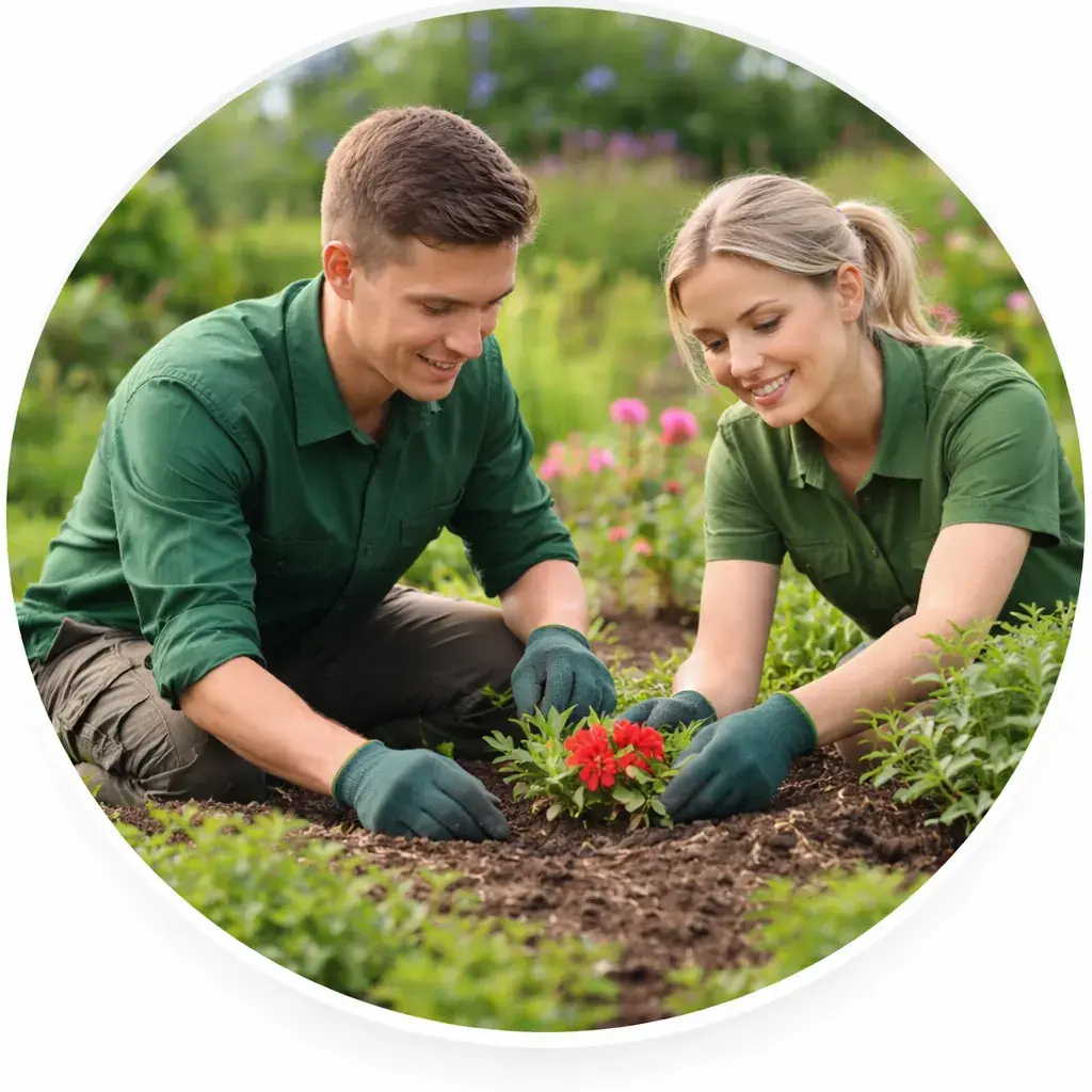 Landscapers Georgetown TX planting flowers and plants in a garden landscape design project