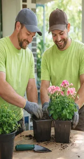Professional landscapers planting flowers in garden in Georgetown TX