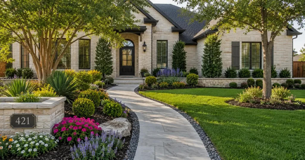 Professionally designed front yard with a curved walkway, green lawn, mature trees, shrubs, and colorful planting beds.