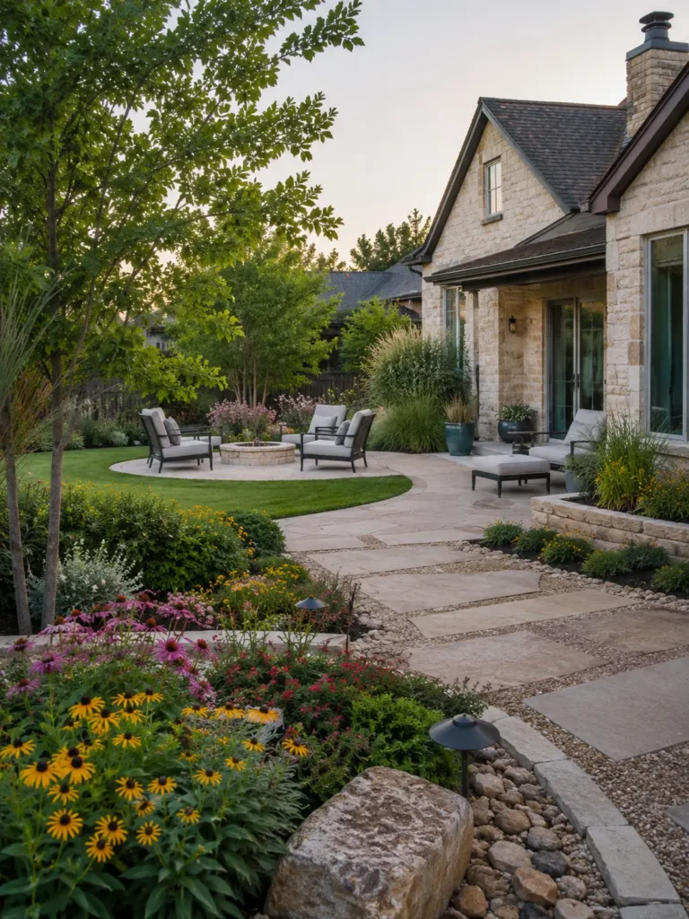Custom landscape design for a Georgetown TX home with native plants, stone pathways, patio seating, and garden beds.