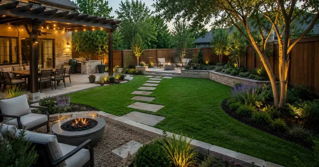 Designed backyard with outdoor dining, fire pit seating, green lawn, garden beds, pathways, and private outdoor living areas.