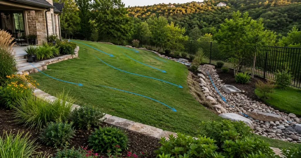 Sloped landscape showing natural water movement across the lawn toward a rock-lined drainage area.