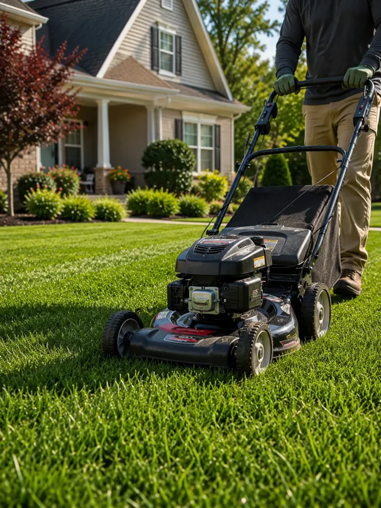 Professional lawn care worker mowing a healthy green residential lawn.