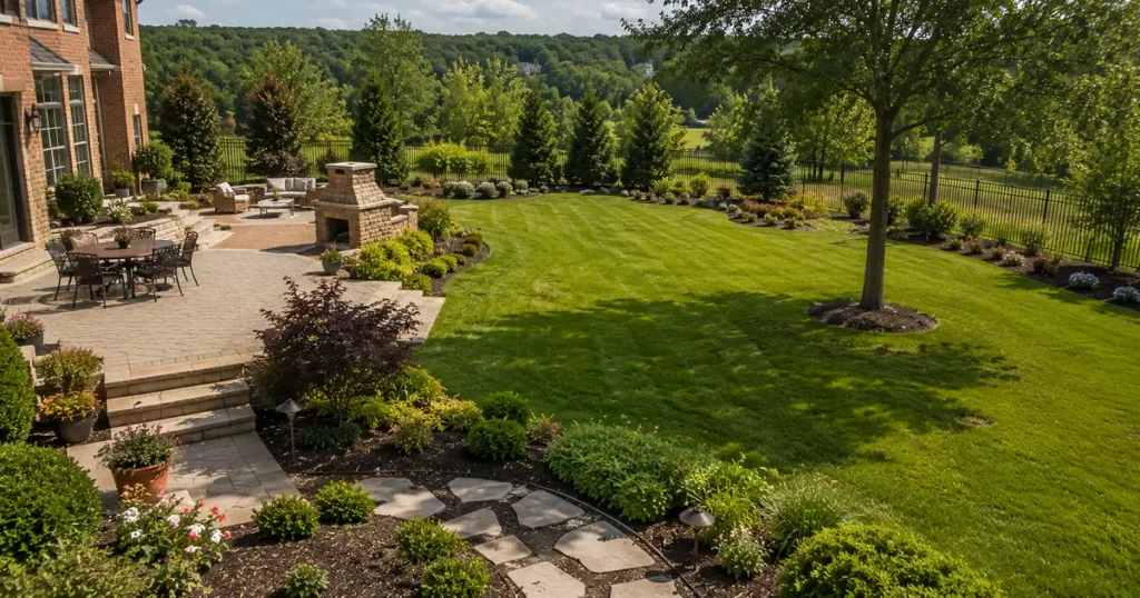 Spacious residential landscape with a large lawn, patio, garden beds, mature trees, and clearly defined outdoor areas.