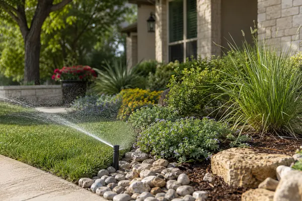 Residential irrigation system watering a landscaped yard.
