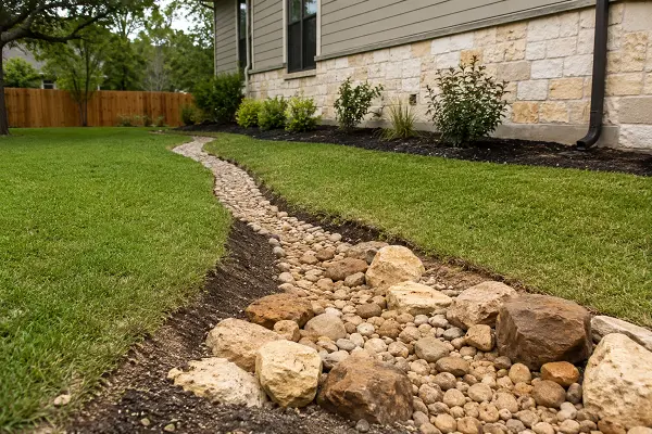 Rock-lined drainage swale directing water away from a home with clay-heavy soil.